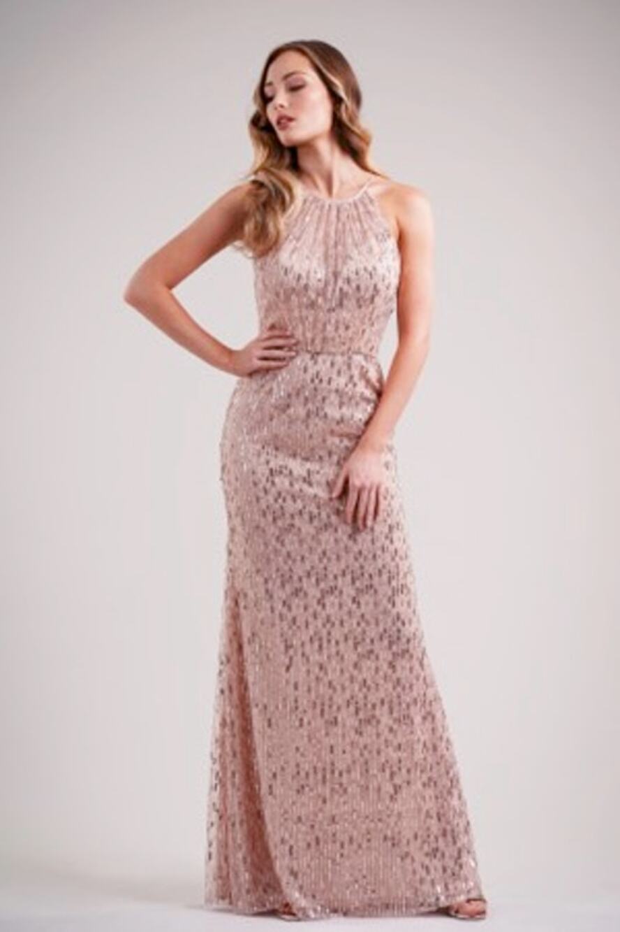 2704 NWT Jasmine L224009 Striped Sequin Halter Neck Fit-n-Flare Bridesmaid Dress